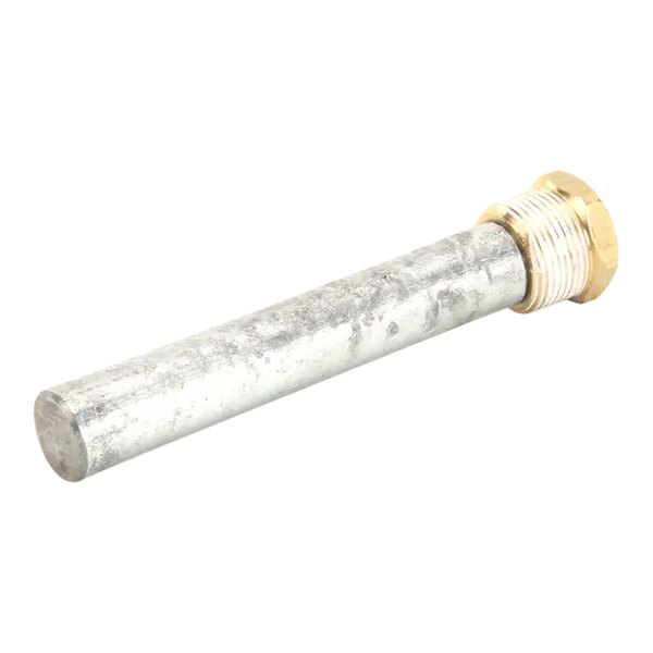 A metal screw-type cathodic descaler with a threaded brass end and a cylindrical zinc rod.