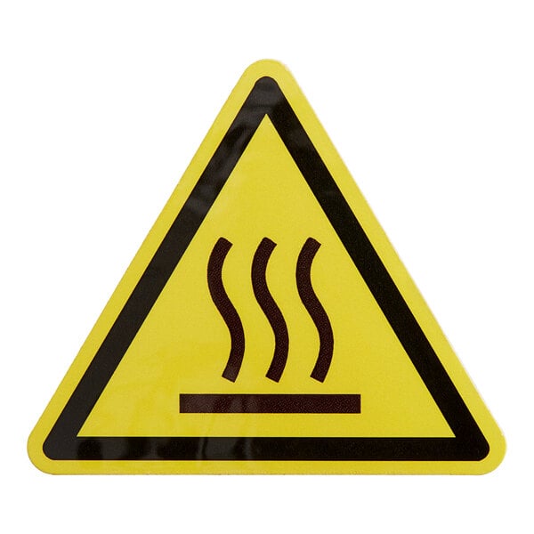 A yellow triangle sticker with black lines and the words "Caution Hot" in black on a white background.