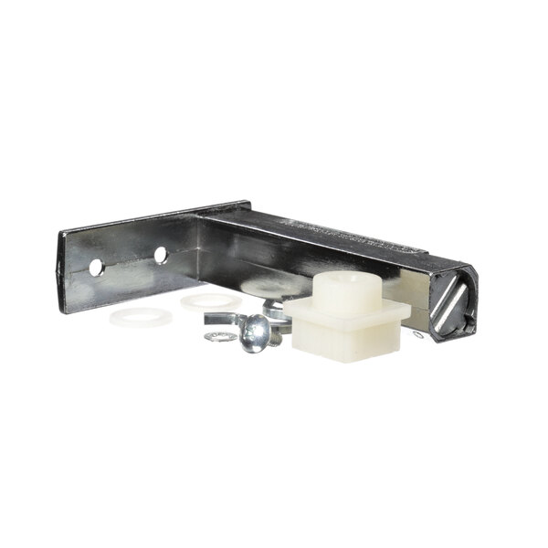 A close-up of a Low Temp Industries metal hinge plate with white plastic squares.