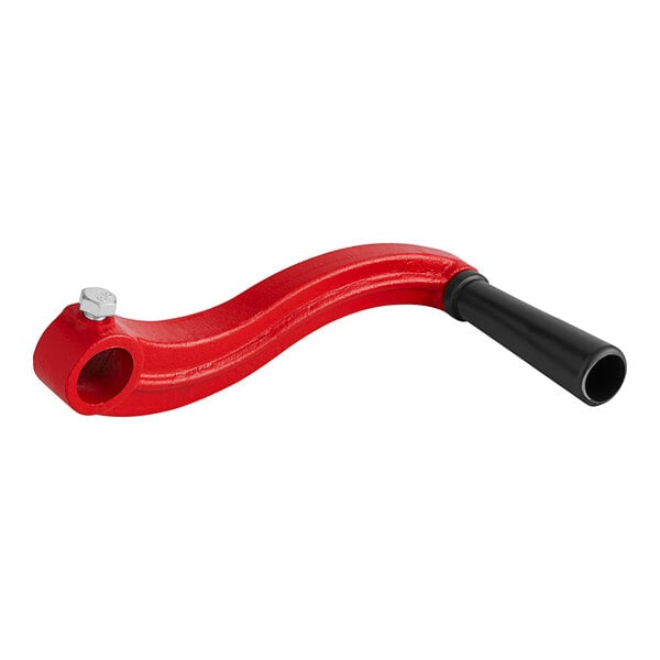 A red and black curved handle for a Henny Penny manual oil pump.