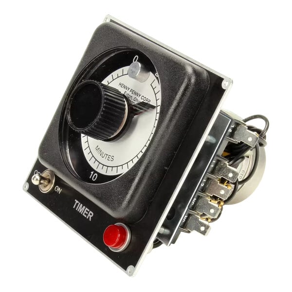 A mechanical auto reset timer with a dial, on/off switch, and red button, designed for up to 20 minutes and used in Henny Penny equipment.