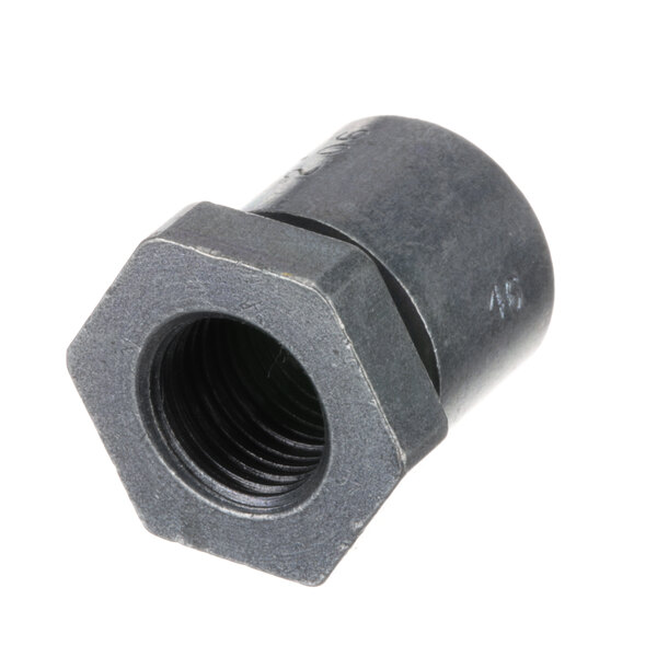 A close-up of a black threaded metal nut.