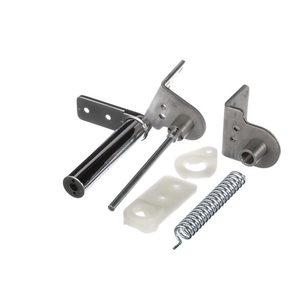 A pair of metal hinges with springs.