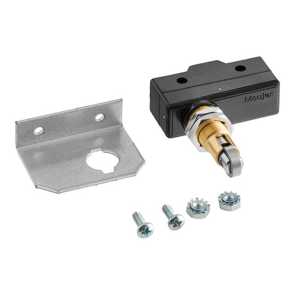 A black and silver metal bracket with screws and nuts.
