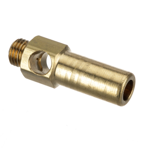 A close-up of a brass threaded pipe with a nut on the end.