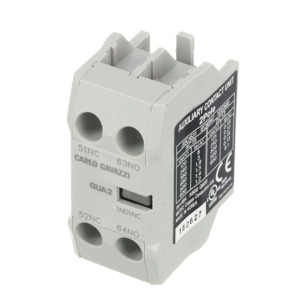 a grey contactor with black text