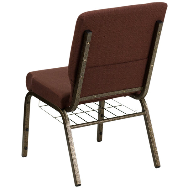 A brown Flash Furniture church chair with a metal frame.