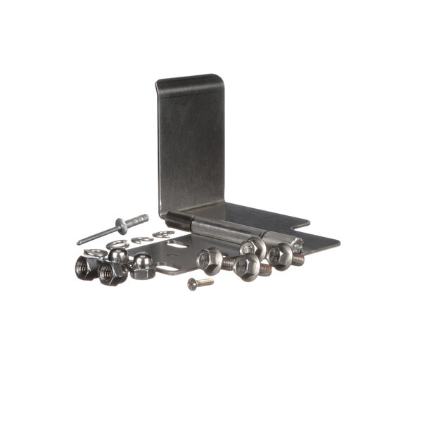A metal bracket with screws and bolts for a Dinex door lock kit.