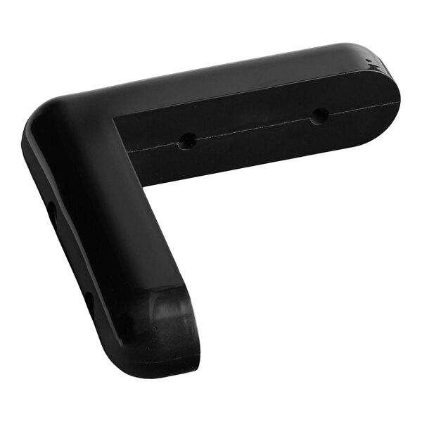 A black, L-shaped plastic or rubber corner bumper with rounded edges and screw holes for mounting.