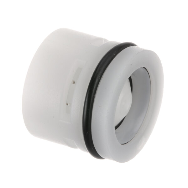 A white plastic Everpure check valve ball with black rings.