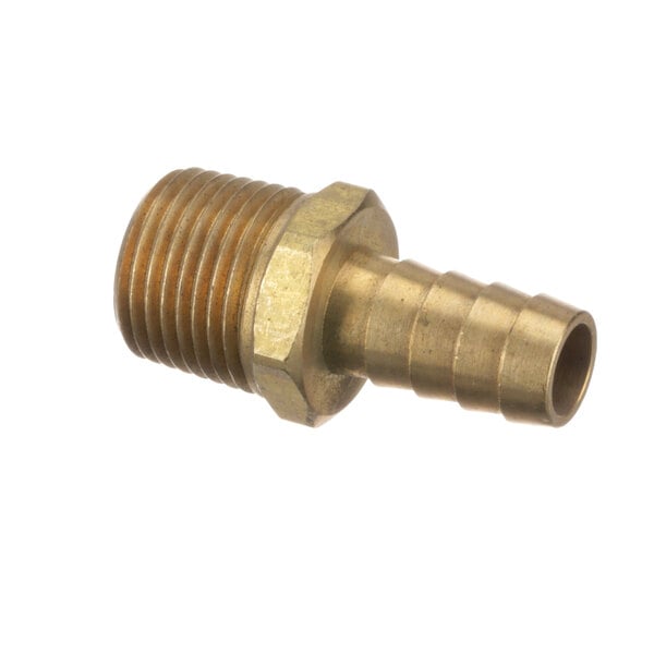A close-up of a brass threaded male fitting with a nut.
