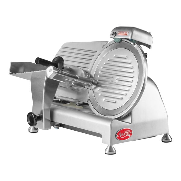 A stainless steel meat slicer with a circular blade, handle, and adjustable thickness guide.