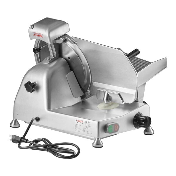 A stainless steel electric meat slicer with a circular blade, adjustable thickness knob, and a power cord.