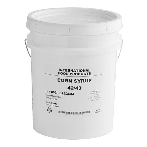 A white 5 gallon bucket of 42DE corn syrup with a white label.