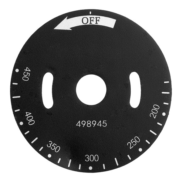 A circular black Vulcan dial plate with white text reading "off" and an arrow.