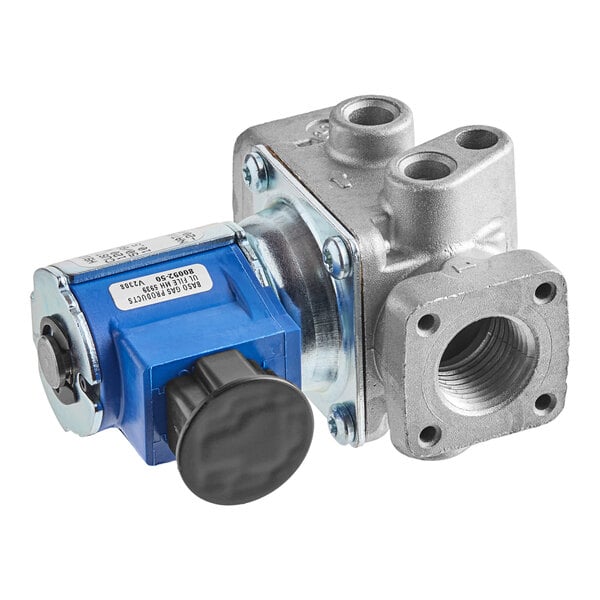 An industrial gas valve with a blue actuator and multiple threaded ports.