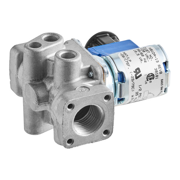 A metal solenoid valve component for an Imperial Range appliance.