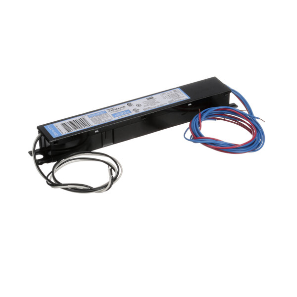 A black rectangular Federal Industries light ballast with wires and a label.
