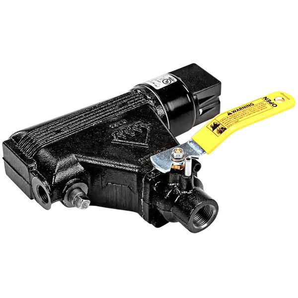 A black Crown Steam low water cut-off with a yellow handle and black tube.