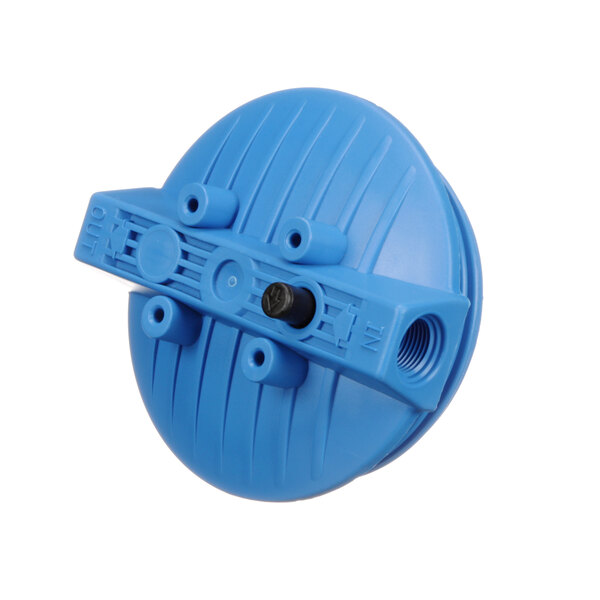 A blue plastic Manitowoc Ice housing cap with black screws.