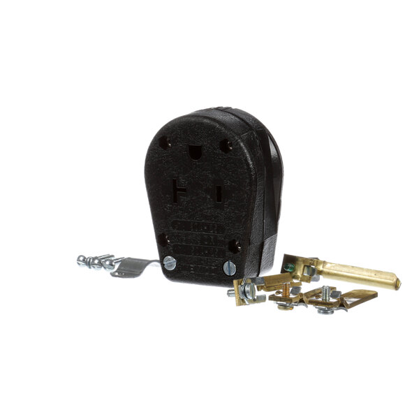 A black Avtec angle plug with screws and nuts.
