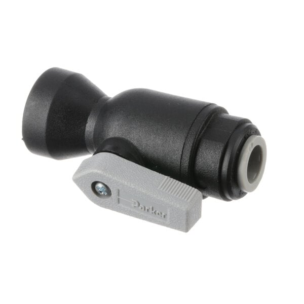 A close-up of a black and grey Everpure flushing valve with a grey handle.