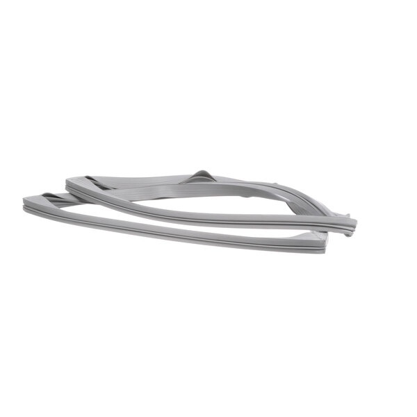 A close-up of a grey rubber strip with grey plastic handles.
