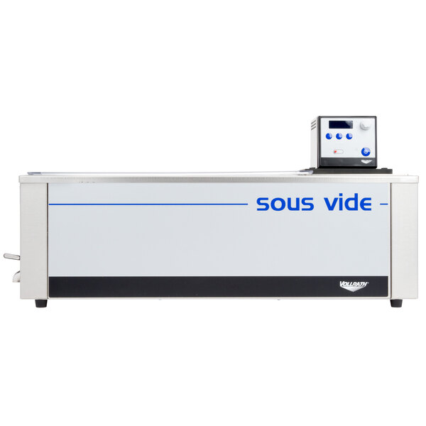 A white rectangular Vollrath sous vide machine with blue buttons.