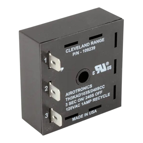 A black solid state timer with three metal prongs labeled 1, 2, and 3, used for controlling on/off cycles in electrical equipment.