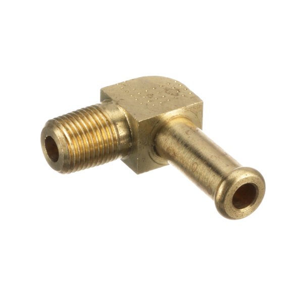 A close-up of a brass threaded pipe fitting.