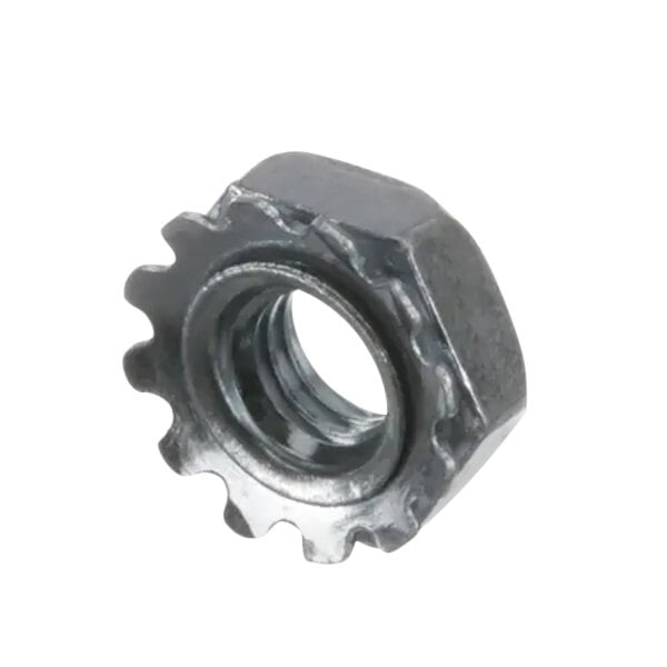 A close-up of an Alliance Laundry 10-32 steel nut with a metal hex nut.