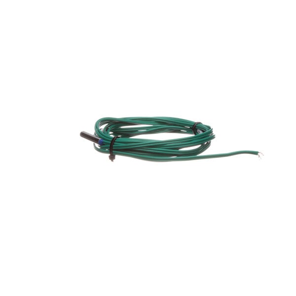 A close-up of a green wire with a black connector.