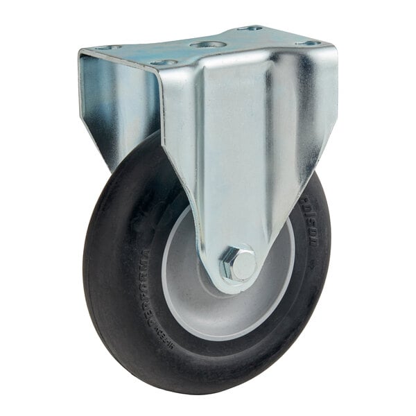 A metal fixed bracket with a black rubber wheel attached.