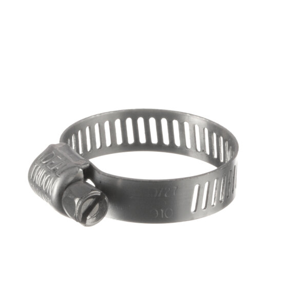 A black metal Hobart hose clamp with a nut.