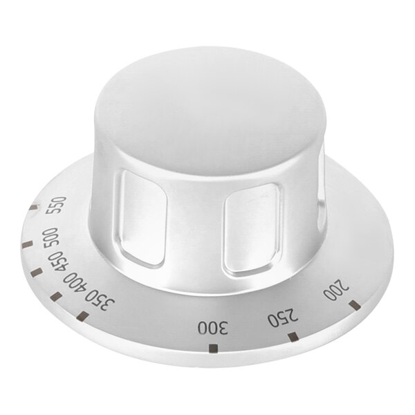 A white Imperial Range griddle knob with silver numbers.