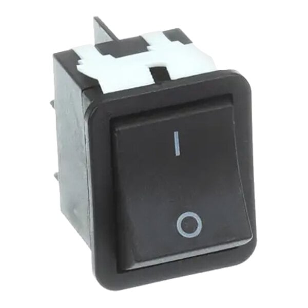 A rectangular black rocker power switch with a white on/off symbol.