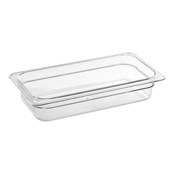 A Carlisle clear plastic food pan with a lid.