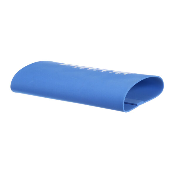 A blue plastic sleeve with white text over a blue tube.