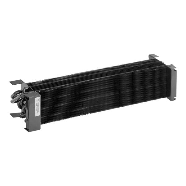 A rectangular black metal coil with closely spaced fins and mounting brackets on each end.