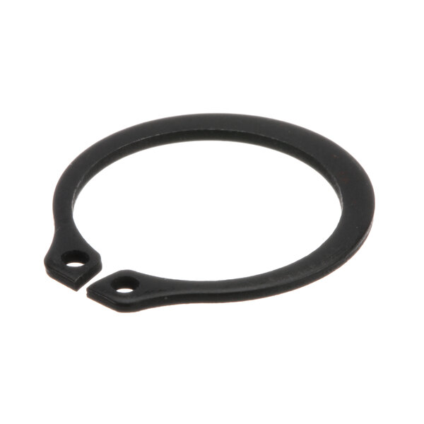 A black round metal retainer clip with a hole in it.