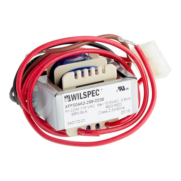 A white plastic Hoshizaki transformer with red wires.