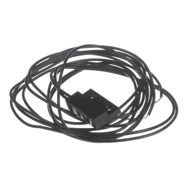 A black reed switch with attached wires.