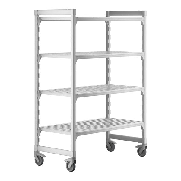 A white Cambro Camshelving® Premium mobile shelving unit with 4 shelves and wheels.