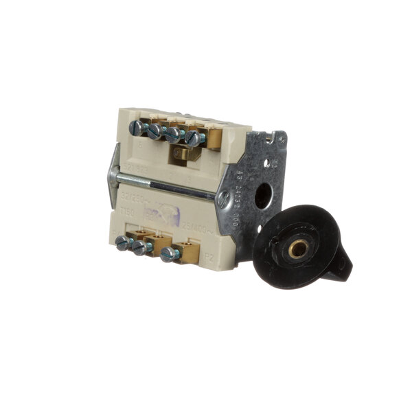 A white and black Bakers Pride rotary switch with a black knob.