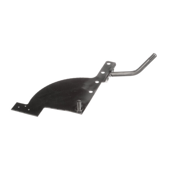 A metal plate with a black metal bracket and a bent rod with screws.