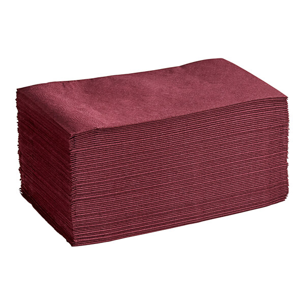 A stack of burgundy Hoffmaster paper dinner napkins.