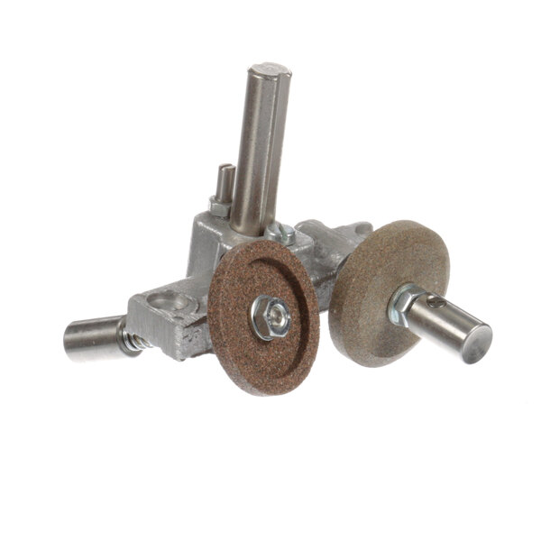 A Globe MCA16 knife sharpener assembly with metal wheels and a nut on top.