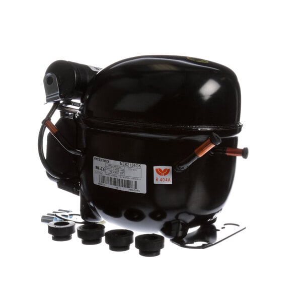 A black Continental Refrigerator air compressor with a white label.