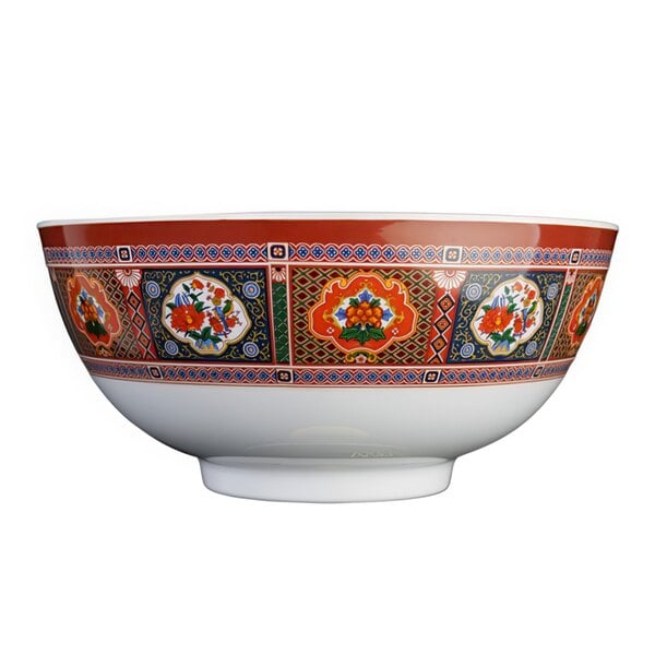 A close-up of a Thunder Group Peacock melamine rice bowl with a colorful design on it.
