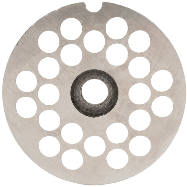 A Globe chopper plate, a circular metal object with holes.